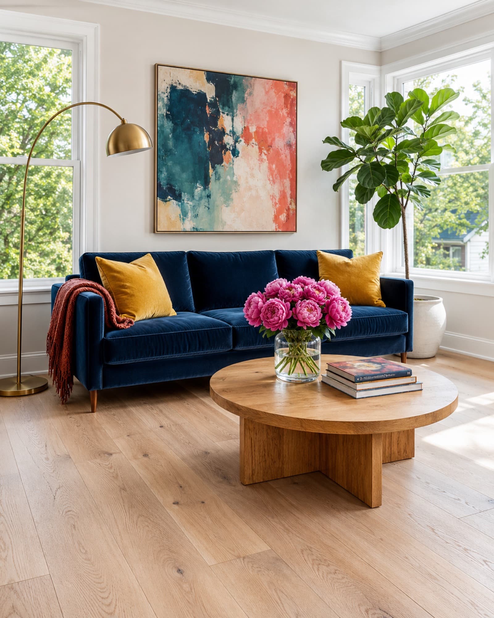 Bright, open living room with wide-plank wood flooring